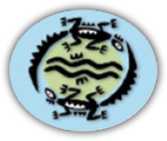 Project Twin Streams logo mark. Showing two illustrated geckos circling an island